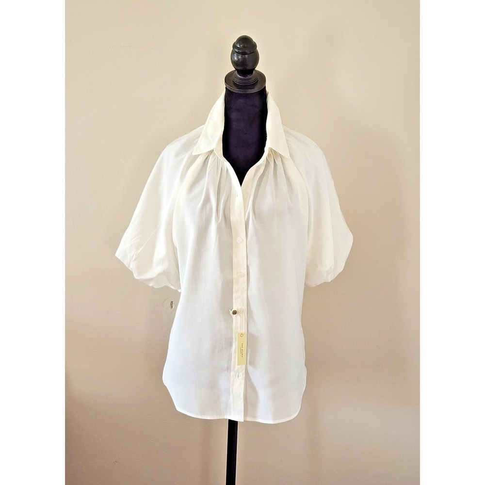 Max Studio Women's White Cotton Shirt With Collar And Puffed Sleeves in XL